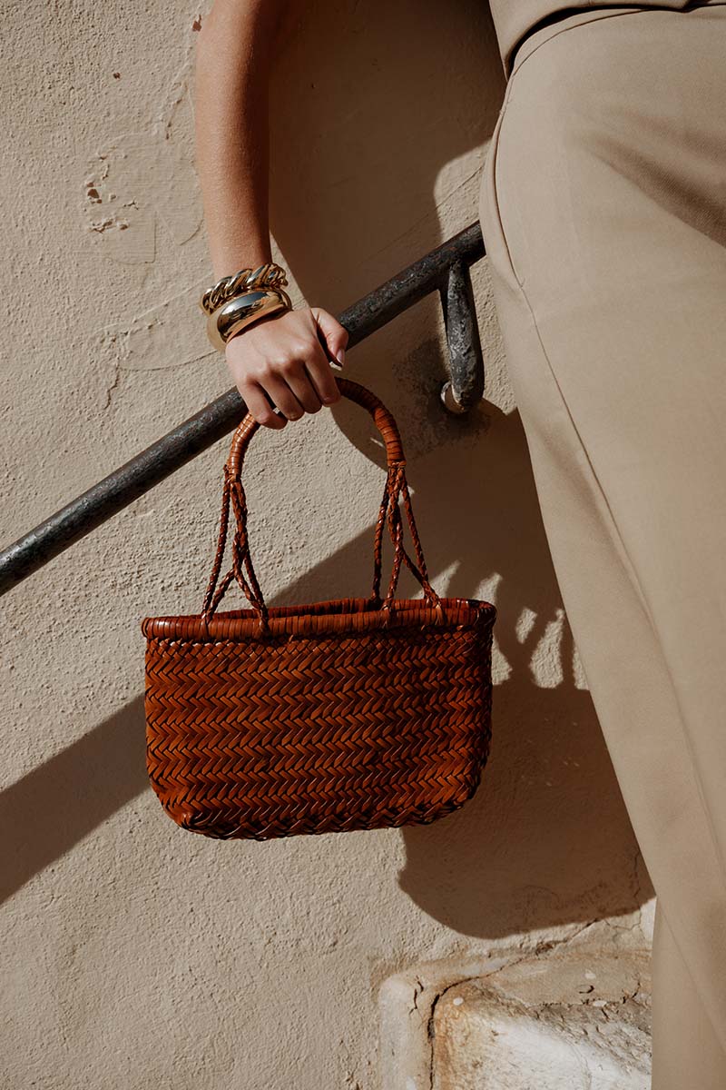 Petit Cabas en Cuir Tressé Gaby Mini Camel