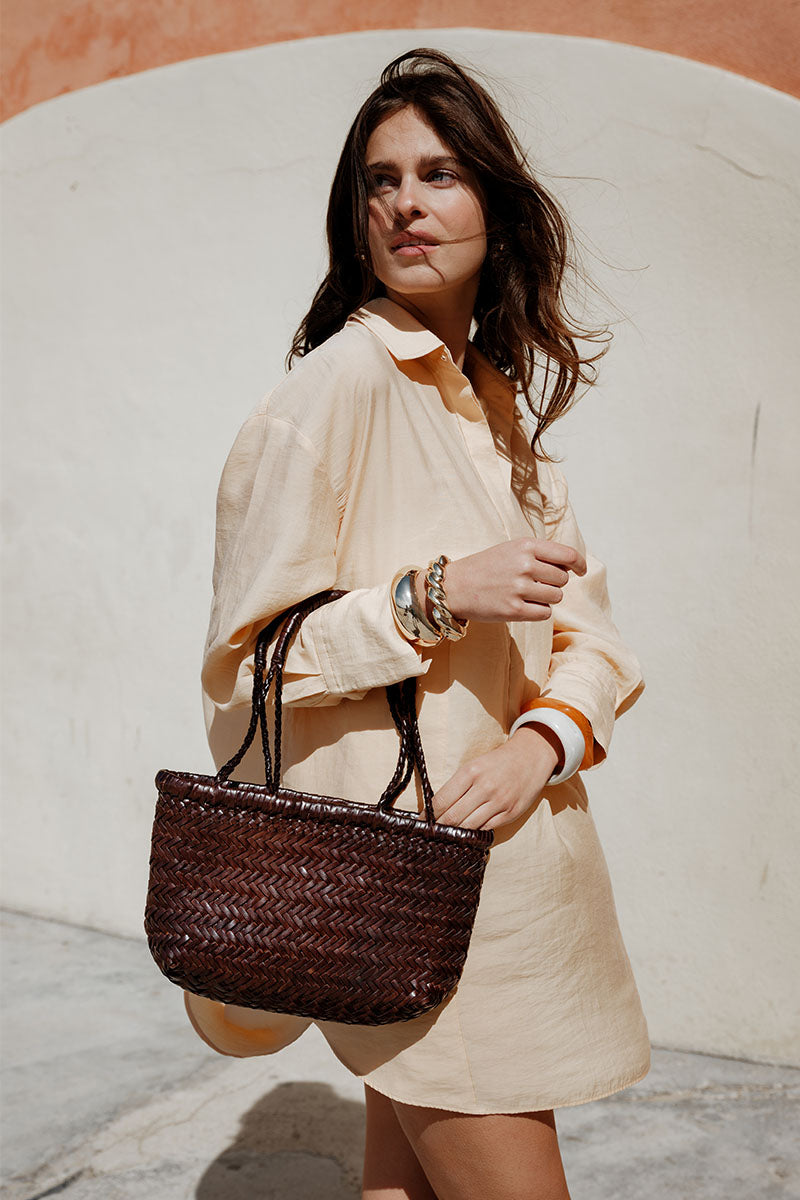 Petit Cabas en Cuir Tressé Gaby Mini Marron
