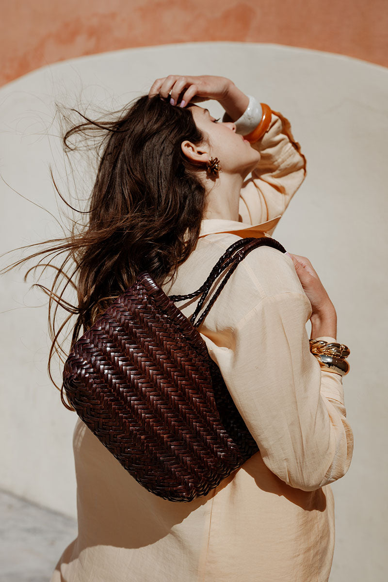 Petit Cabas en Cuir Tressé Gaby Mini Marron