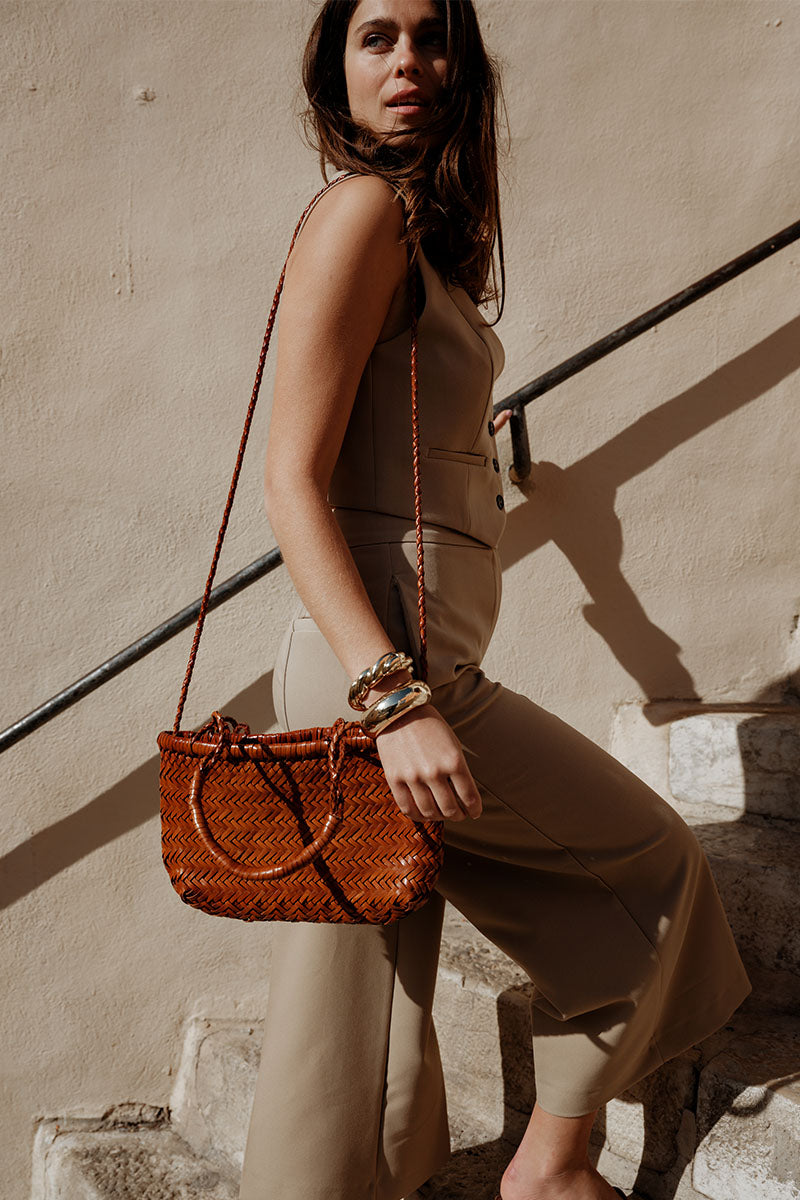 Petit Cabas en Cuir Tressé Gaby Mini Camel