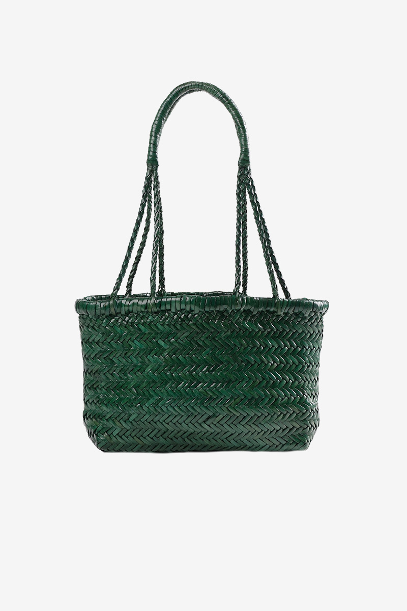 Cabas de taille mini à bandoulière en cuir tressé artisanal vert.