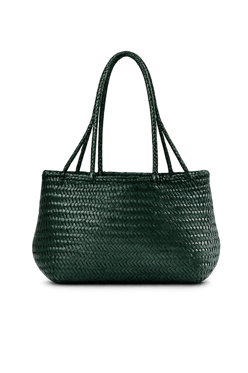 Cabas de taille moyenne en cuir tressé artisanal de couleur vert.